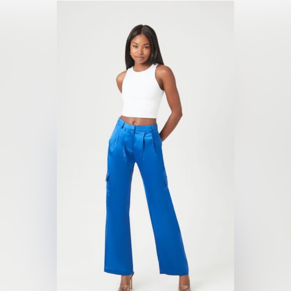 Blue Satin Cargo Pants